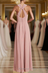 Dusty Pink Twist-Front Backless Long Semi Formal Prom Dress